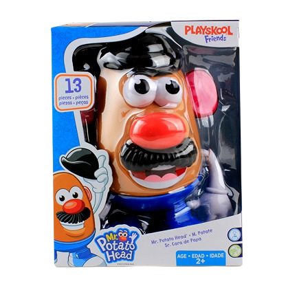 Playskool Classic Mr. Potato Head toy with 13 pieces including eyes, nose, mustache, and hat in packaging