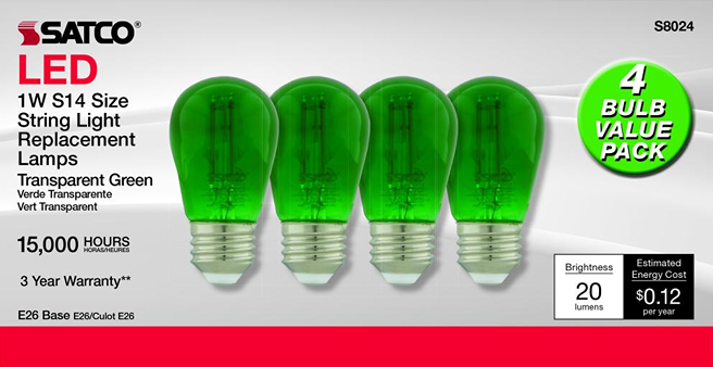 Set of four 1 watt transparent green LED filament bulbs with E26 base for lighting and home improvement use