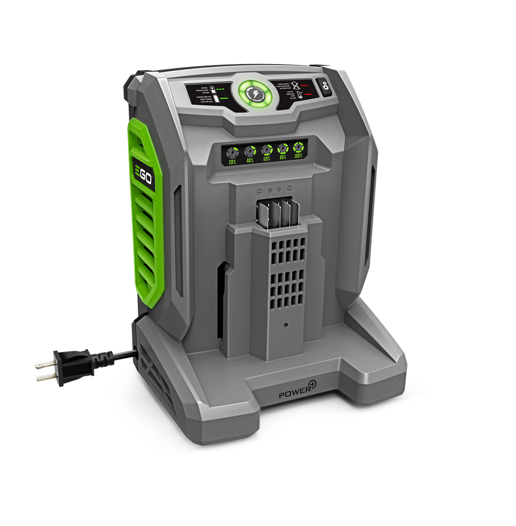 Compact grey and green power tool charger station with digital indicators and plug for tools and home improvement use