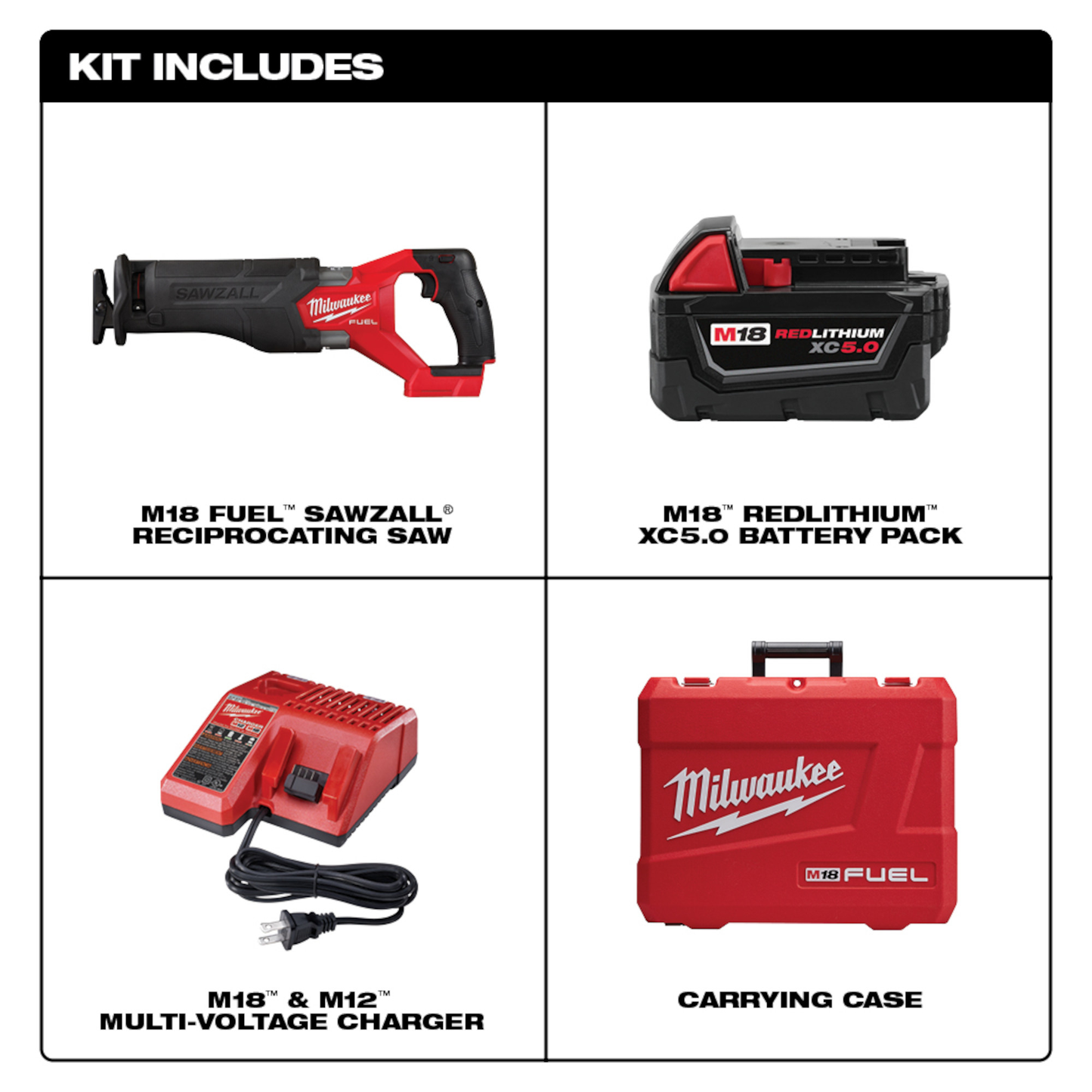 Set including a Milwaukee M18 FUEL reciprocating saw, 5.0 Ah REDLITHIUM battery pack, multi-voltage charger, and red carrying case, part of Power Tools and Woodworking Tools collections.