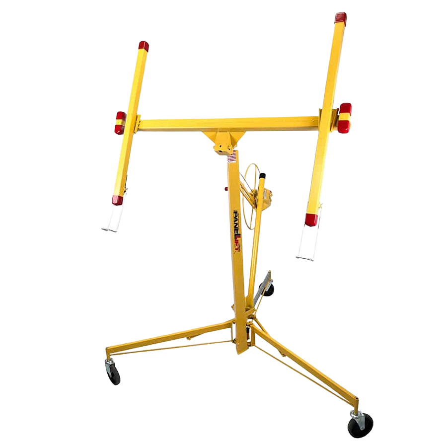 Yellow steel drywall lift with adjustable arms and three wheeled legs, part of rental equipment for drywall and home improvement at Hartville Hardware.
