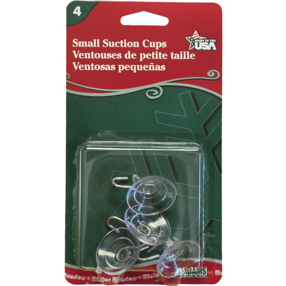 Pack of four small clear suction cups with metal hooks for hanging decorations in Christmas and home improvement collections