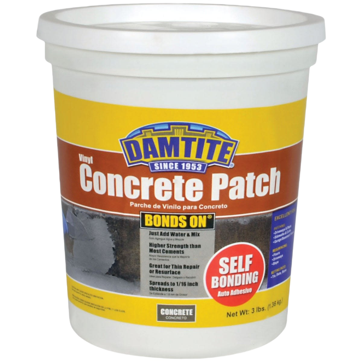 White container of vinyl concrete patch with self-bonding formula for patching and repair in home improvement tools under $50 collections