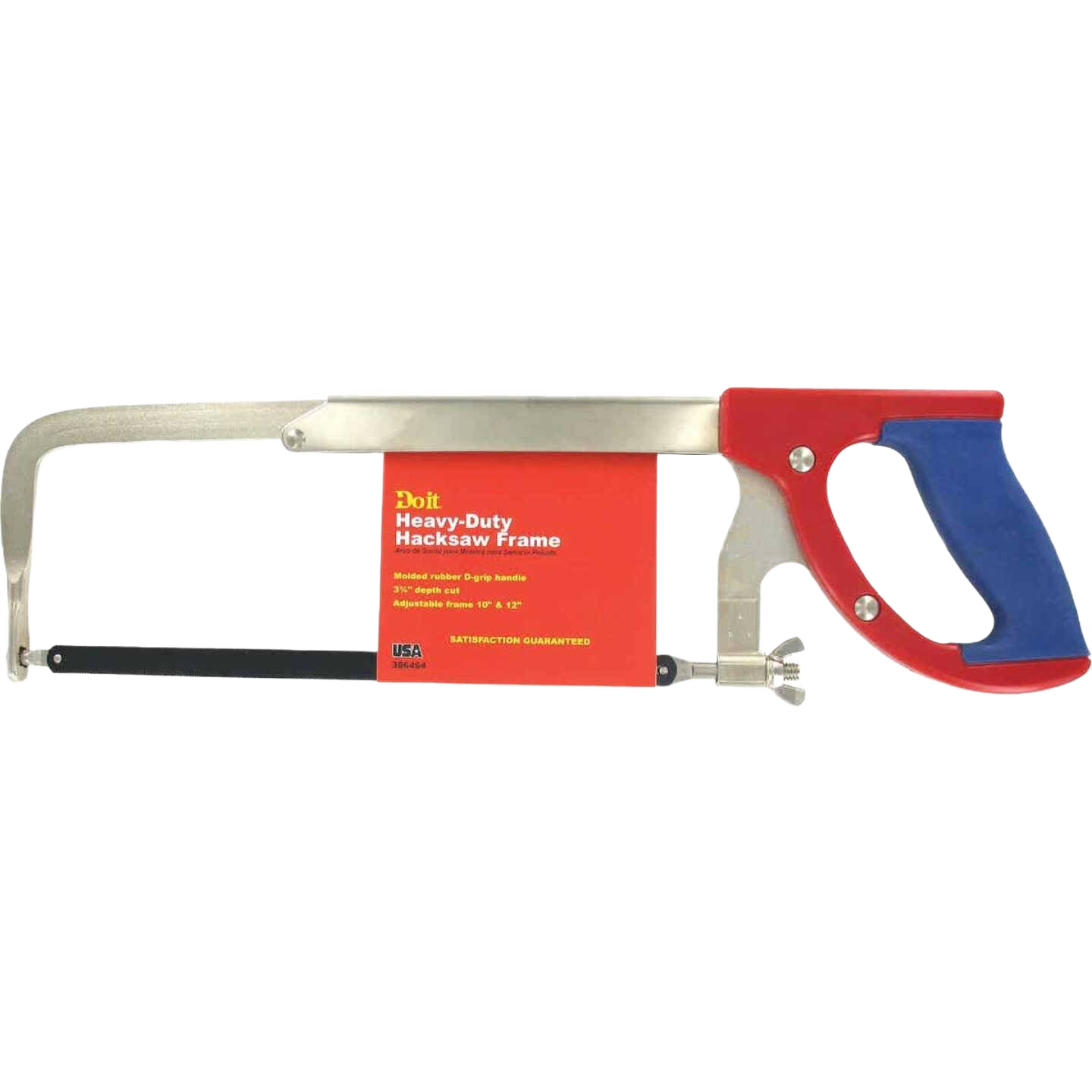 Heavy-duty hacksaw with red and blue ergonomic handle and adjustable metal frame for cutting tasks in home improvement projects