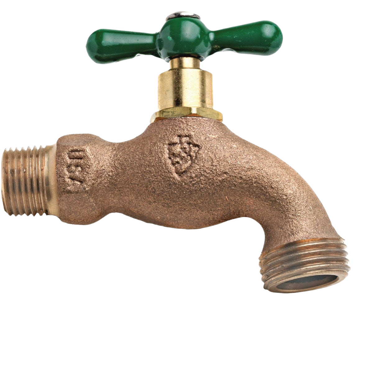 Brass outdoor hose bibb with green handle and threaded connections for garden and home improvement use