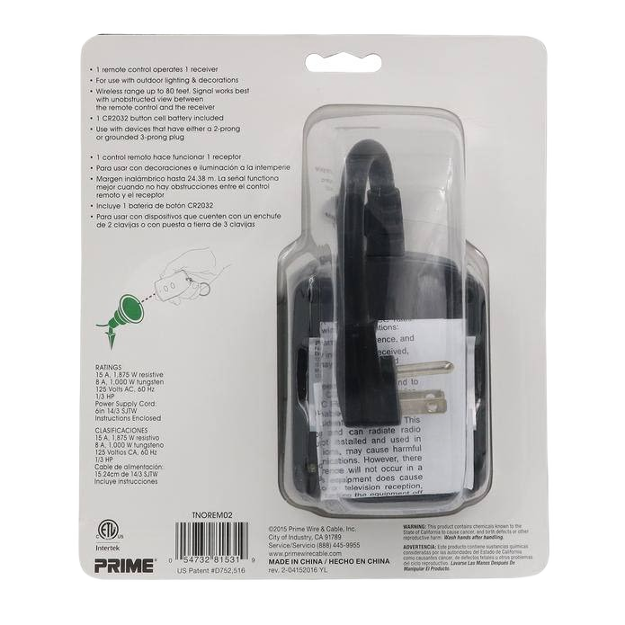 Black compact wireless remote control and receiver with two-prong plug in clear plastic packaging for home improvement use