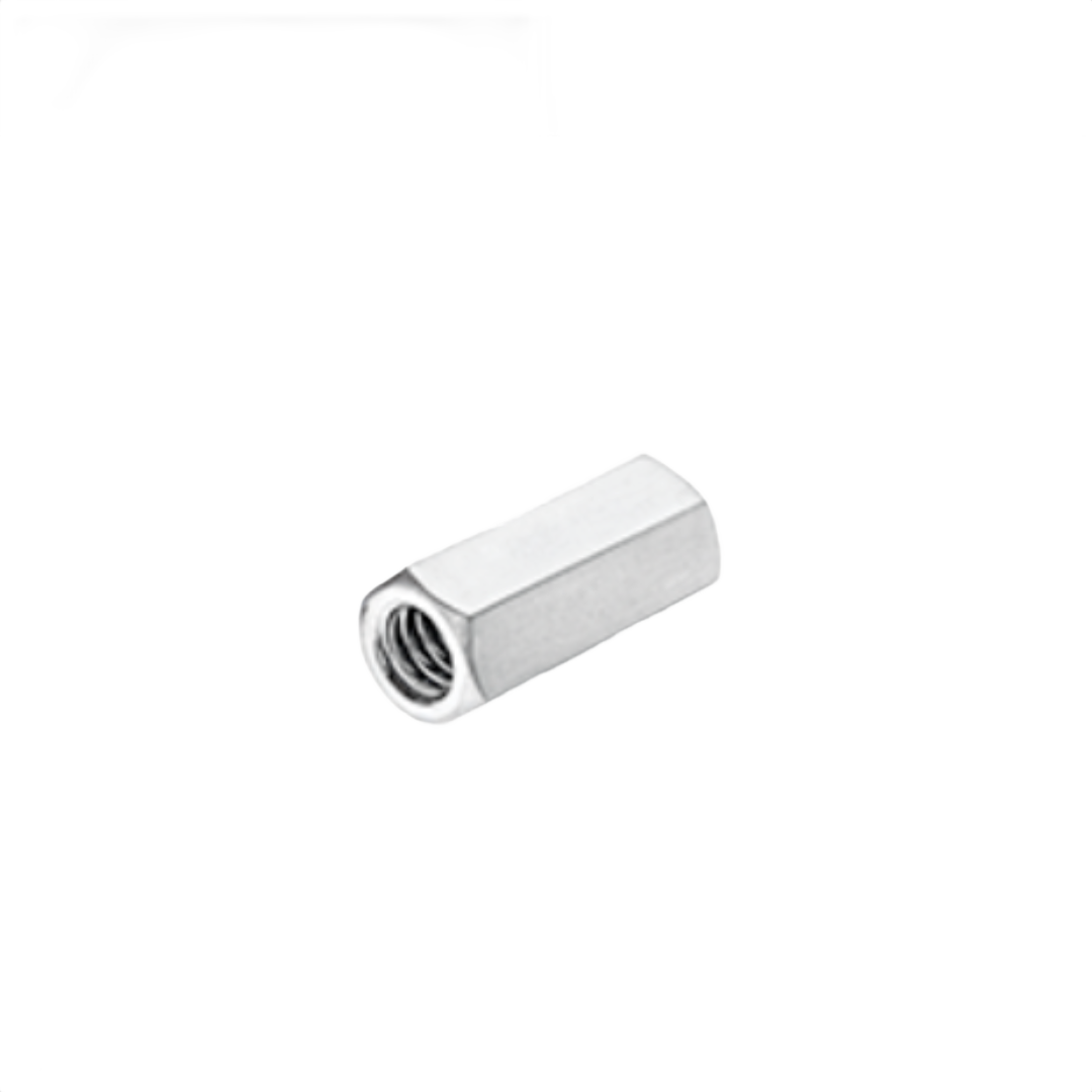 Silver metal coupling nut with internal threading for tools and home improvement projects