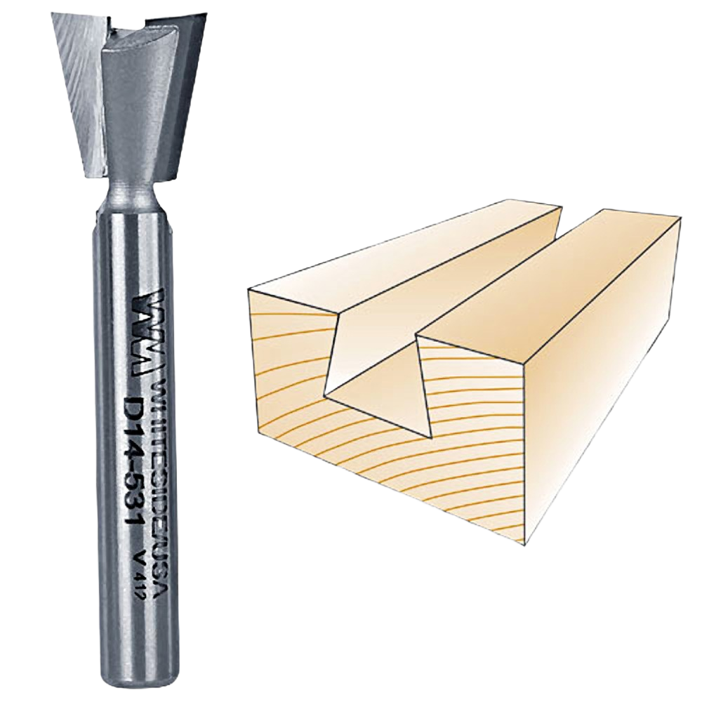 Steel dovetail router bit alongside wood joint example for precision woodworking and home improvement projects
