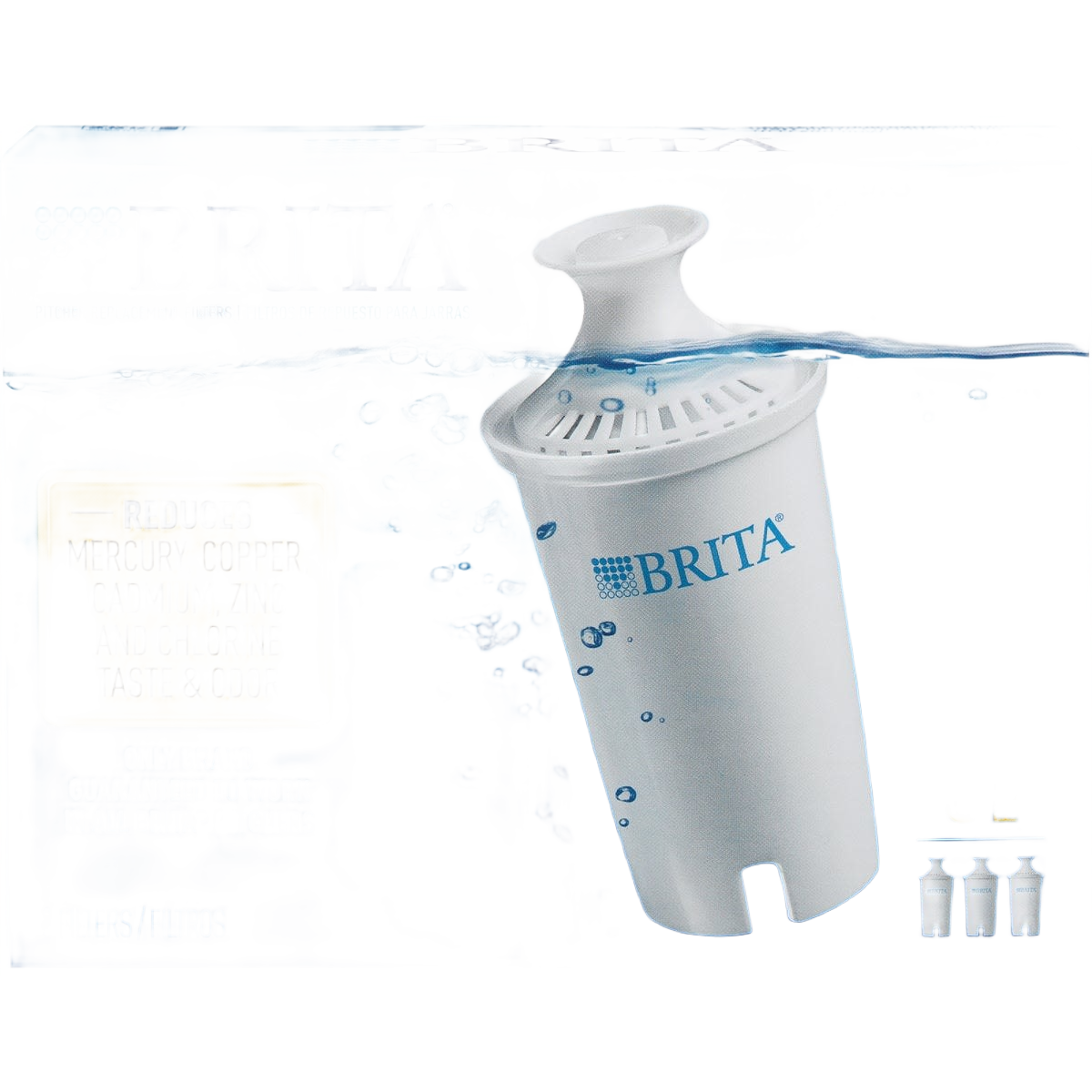 White Brita water filter cartridge displayed with blue water splash and text highlighting contaminant reduction benefits