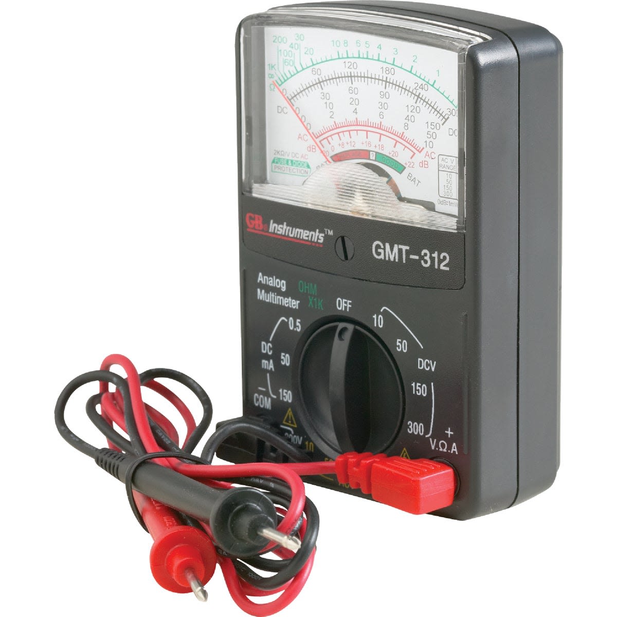 Compact analog multimeter with black casing and red and black test leads for home improvement tools use