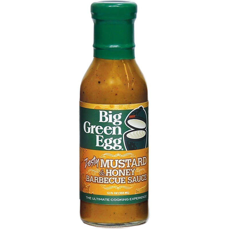 Bottle of Big Green Egg zesty mustard and honey barbecue sauce for grilling sauces and outdoor cooking collections
