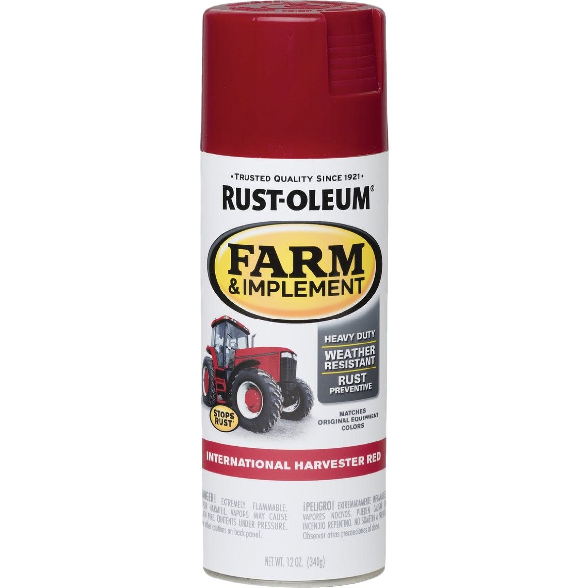 Red heavy-duty spray paint can with weather-resistant rust preventive formula for farm and implement use