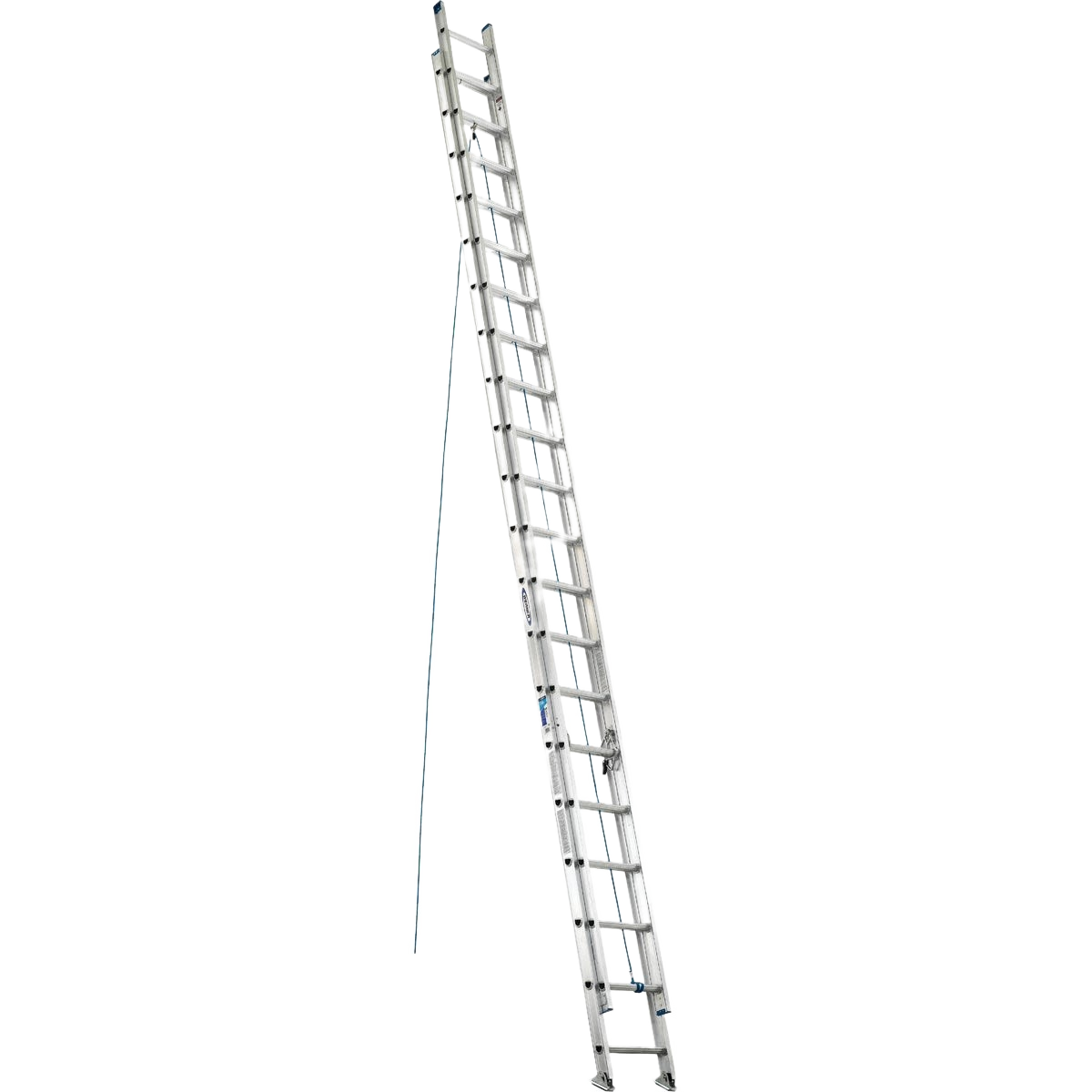 Tall aluminum extension ladder extended fully with safety lock and stabilizing rope for home improvement use