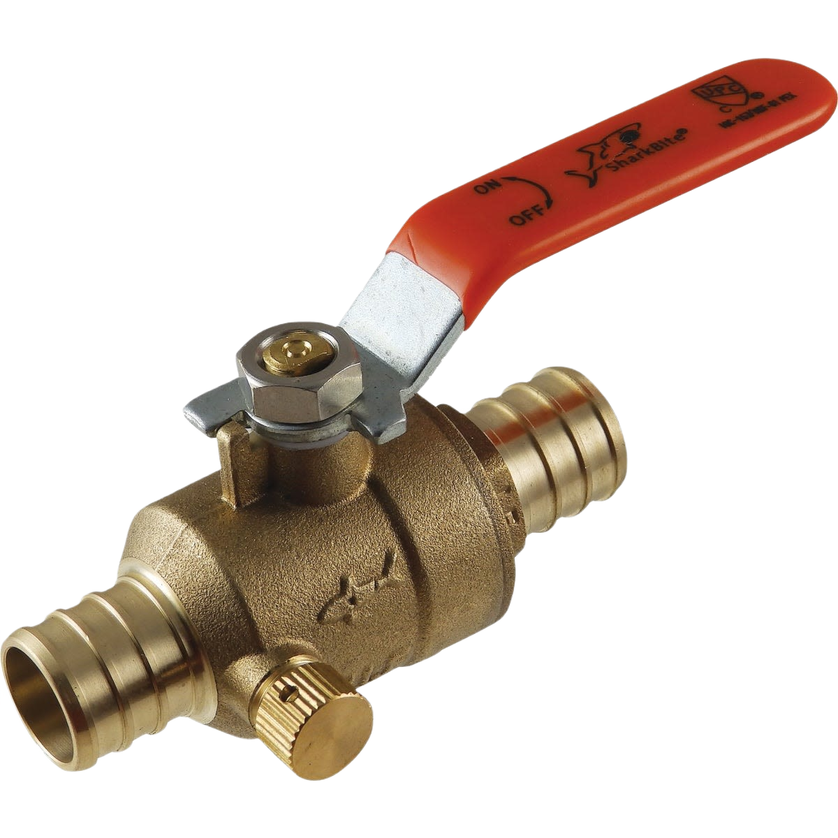Brass barb ball valve with drain and red handle for plumbing in Pipes & Fittings and Valves collections under $50