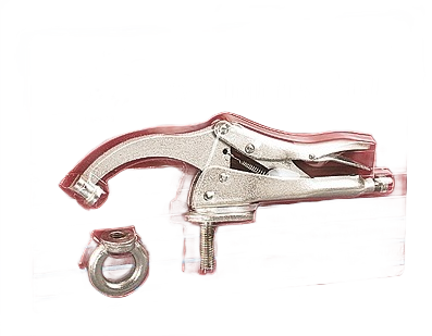 Metal clamp with ergonomic handle and threaded bolt, designed for securing materials in drill press and home improvement tasks