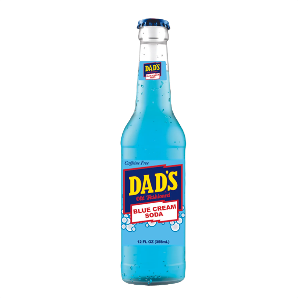 Glass bottle of blue cream soda with vintage style label featuring bold yellow and red lettering on blue background
