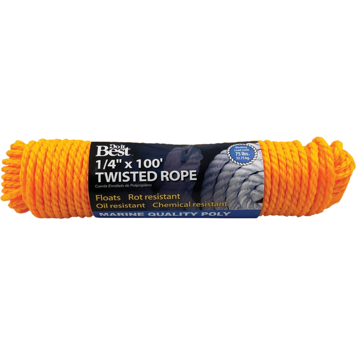 Yellow twisted polypropylene rope with 1/4 inch thickness and 100 feet length for tools and home improvement use