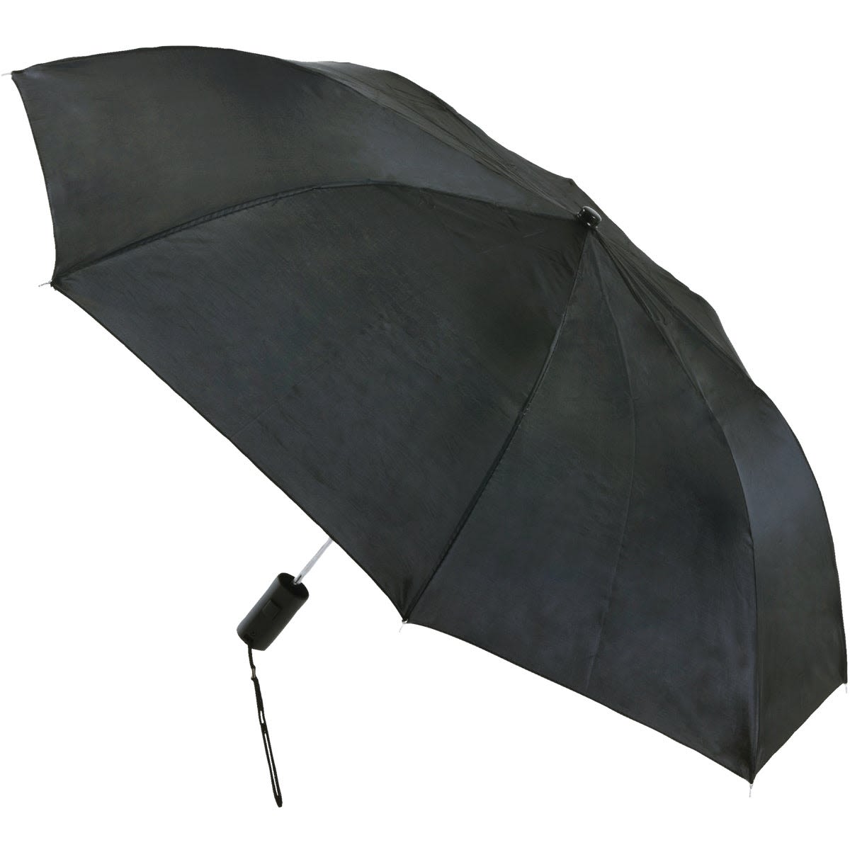 Black automatic umbrella with durable polyester canopy and steel frame, suitable for accessories and clothing collections under $50.