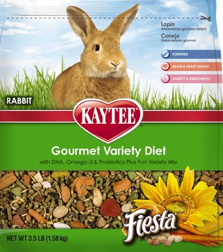Colorful package of Kaytee Fiesta Gourmet Variety Diet rabbit food with natural ingredients and sunflower image