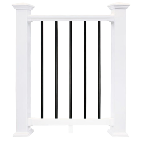 White vinyl railing section with round black aluminum balusters for outdoor home improvement projects