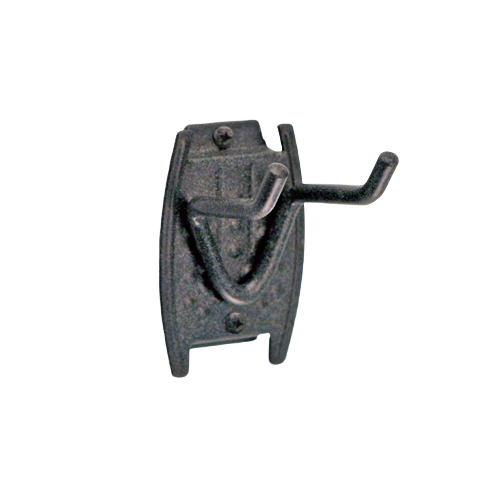 Black metal double-prong hook designed for versatile storage and organization in garage or home spaces