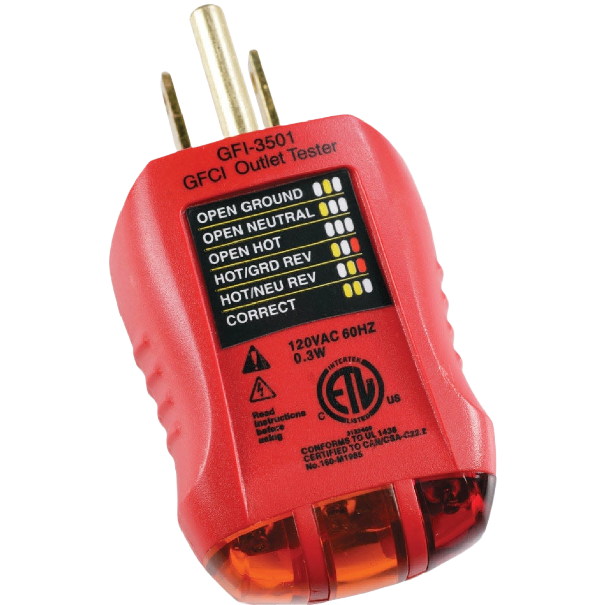 Red electrical outlet and GFI tester with diagnostic indicator lights for tools and home improvement use