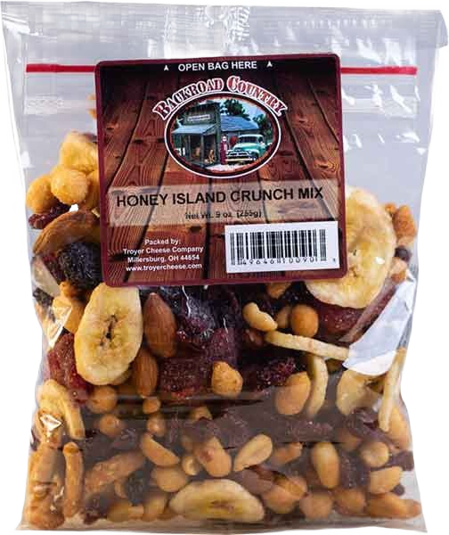 Clear plastic bag of honey island crunch trail mix with nuts and dried fruit in snacks and food collections under $50