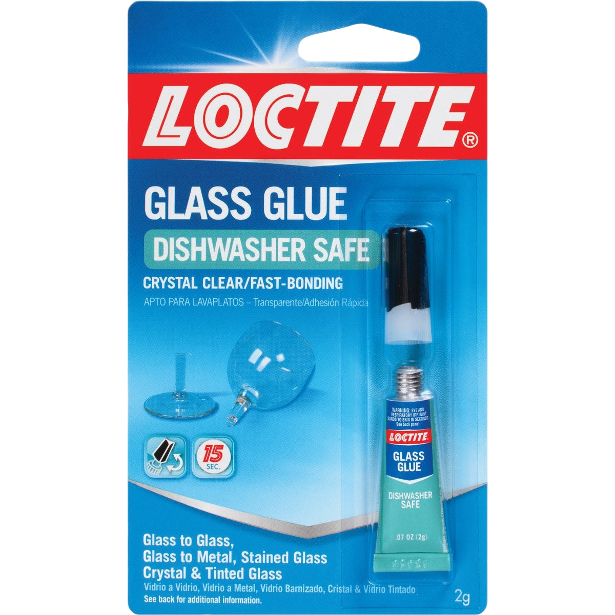 Loctite glass glue tube with packaging highlighting dishwasher safe, fast-bonding adhesive in Glue & Adhesives collection