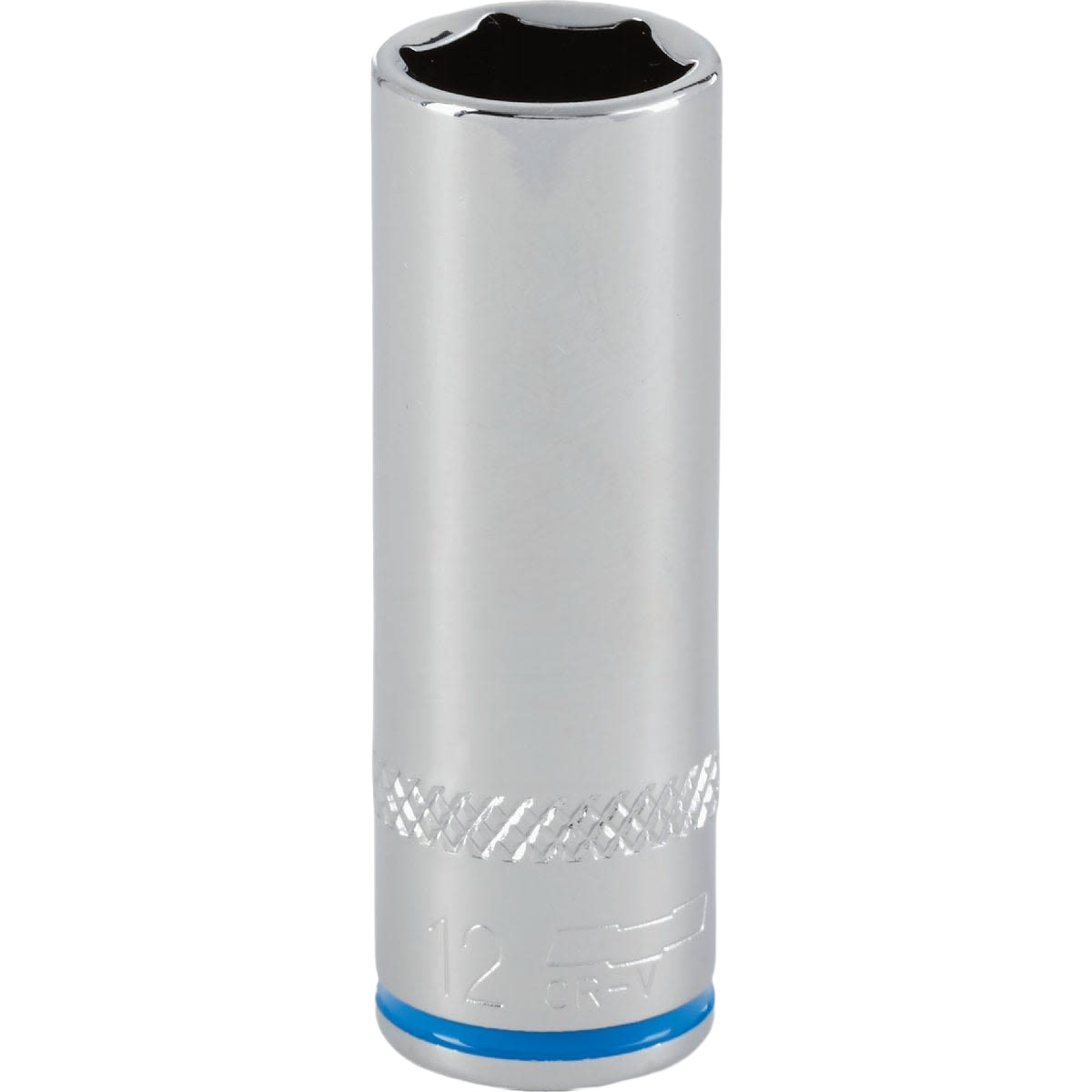 Chrome-finished 12mm deep socket with 6-point design and color band for easy tool identification in hand tools collection