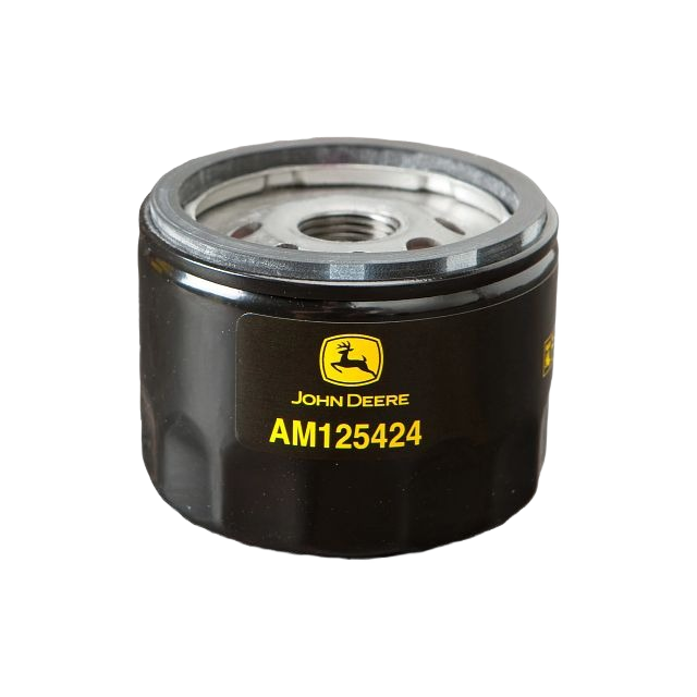 Black cylindrical John Deere AM125424 engine oil filter with yellow logo designed for automotive fluids and parts maintenance