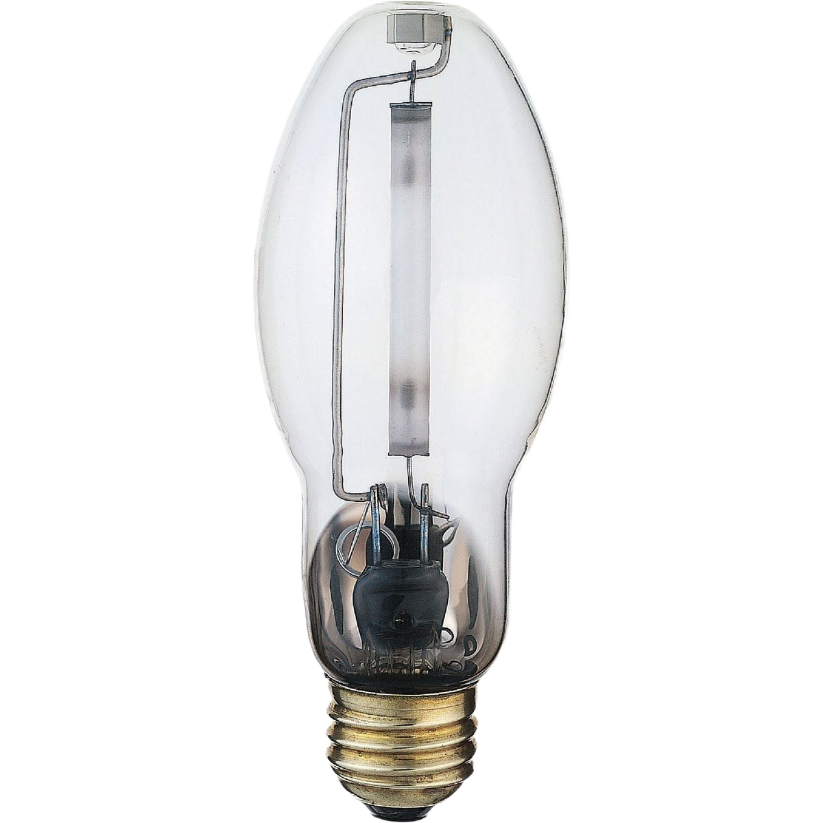 Clear high-pressure sodium bulb with brass screw base for outdoor and security lighting applications