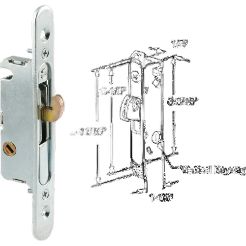 Steel mortise patio door lock with mounting bracket and installation diagram for hardware and home improvement collections under $50