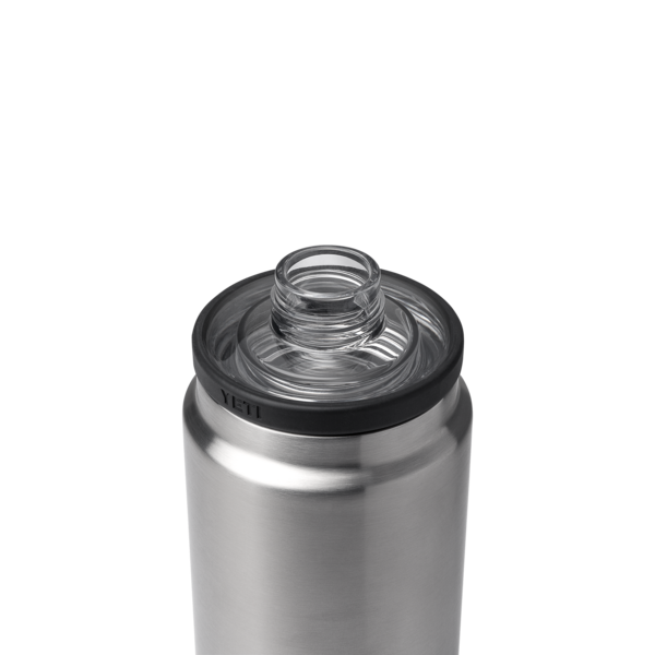 Stainless steel drink container with clear plastic screw-on chug cap featuring black grip ring for spill control