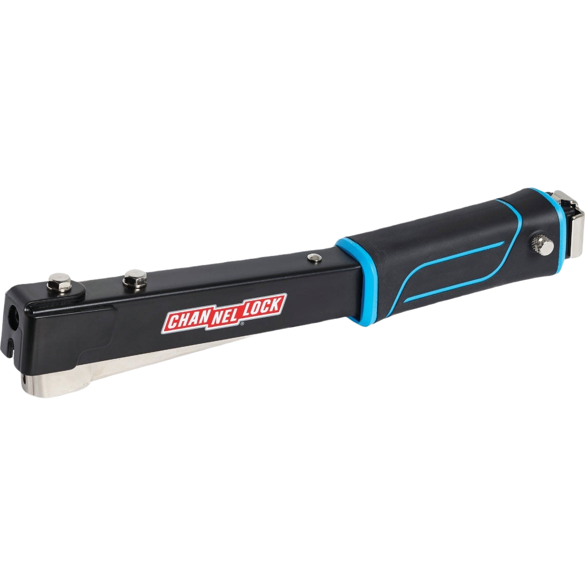 Black and blue hammer tacker with ergonomic grip for fastening tasks in tools and home improvement projects