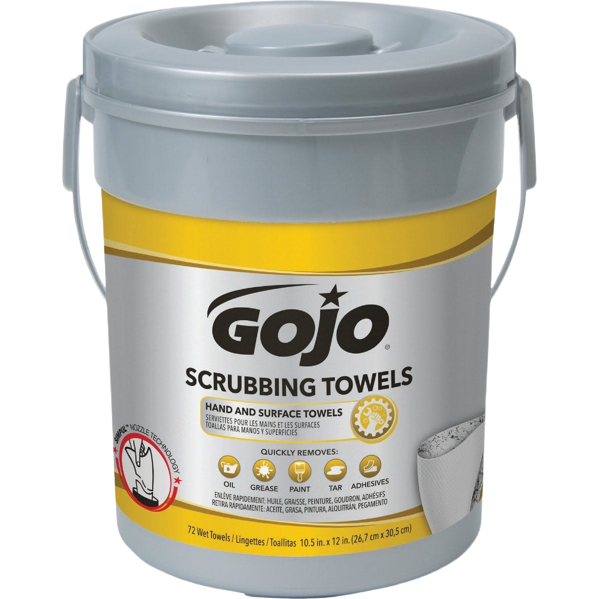 Tub of GOJO scrubbing towels with dispenser lid for removing oil, grease, paint, and adhesives under $50 collection