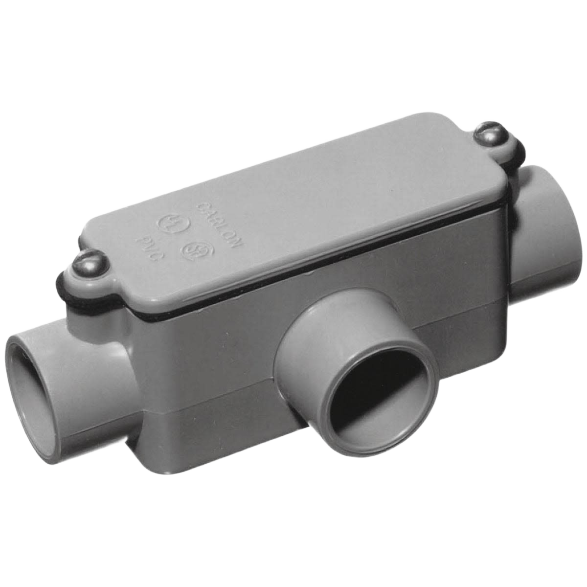 Gray PVC T-shaped access fitting for electrical conduit in home improvement and tools applications