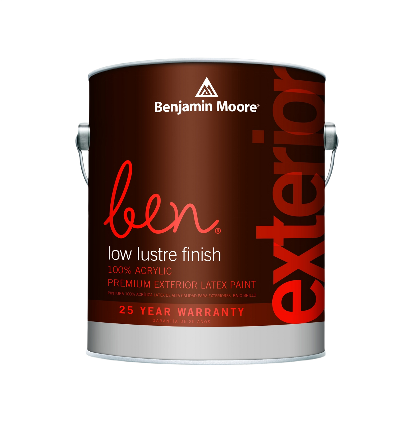 Quart container of Benjamin Moore low lustre finish acrylic exterior paint for exterior wall and door projects