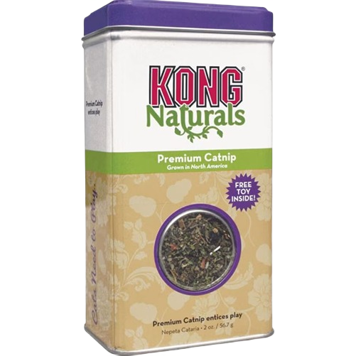 Rectangular tin of natural catnip with purple lid and label highlighting premium quality and free toy inside