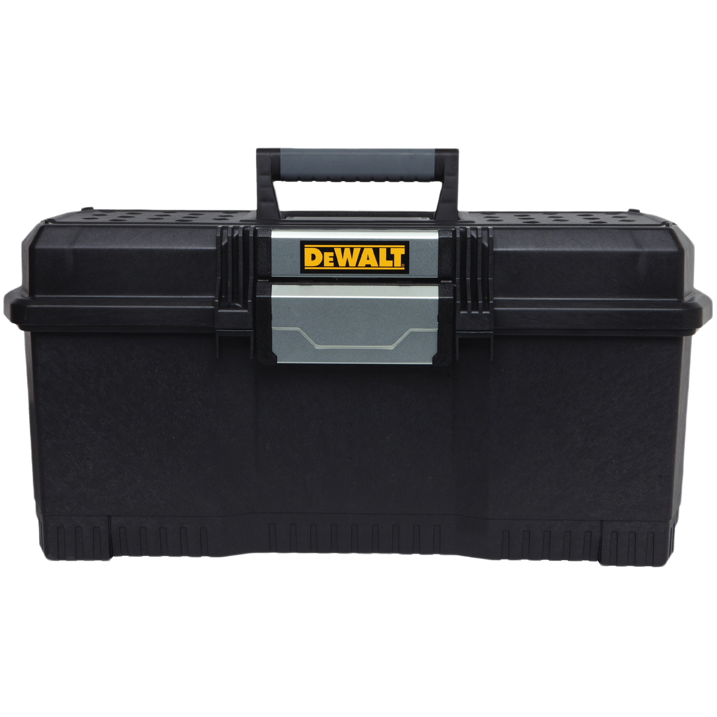 Black 24-inch DEWALT tool box with one-handed latch for secure tool storage and workshop organization