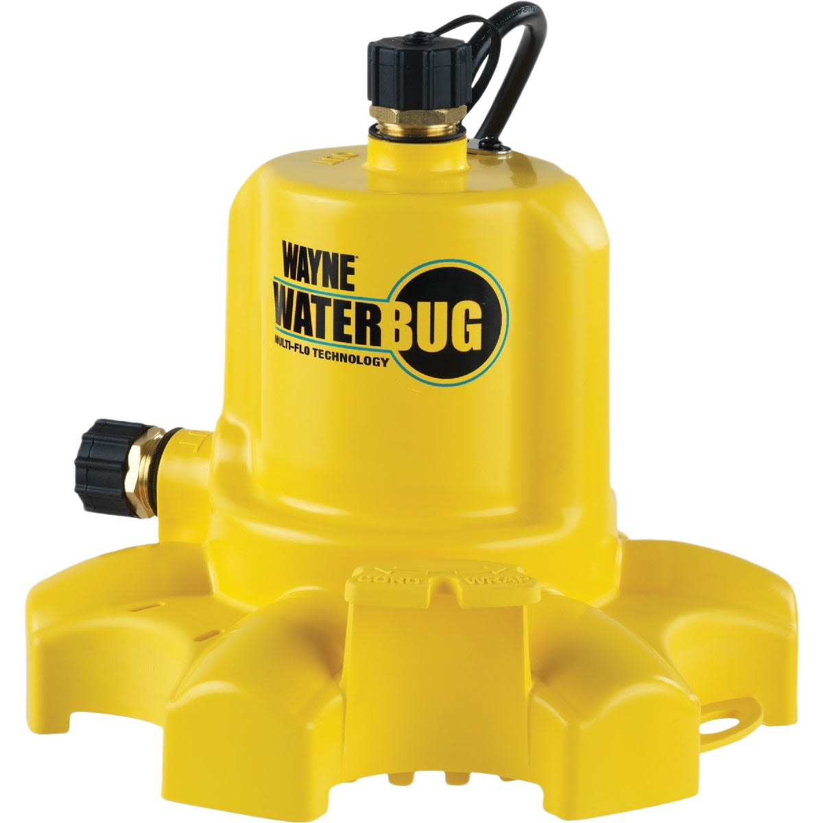 Yellow submersible utility pump with multi-directional base for versatile water removal in home improvement tasks