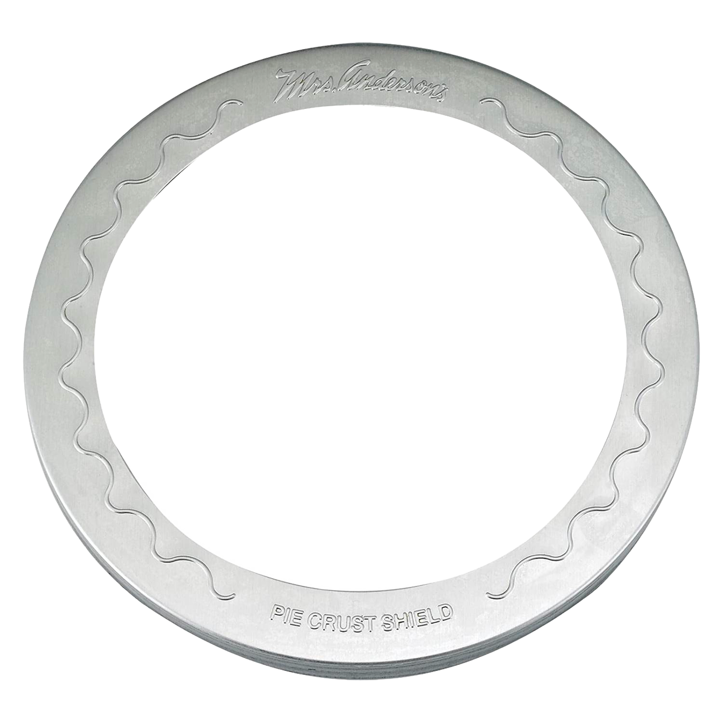 Round metal baking shield with wavy edge detail for protecting pie crusts, part of kitchenware and bakeware collections