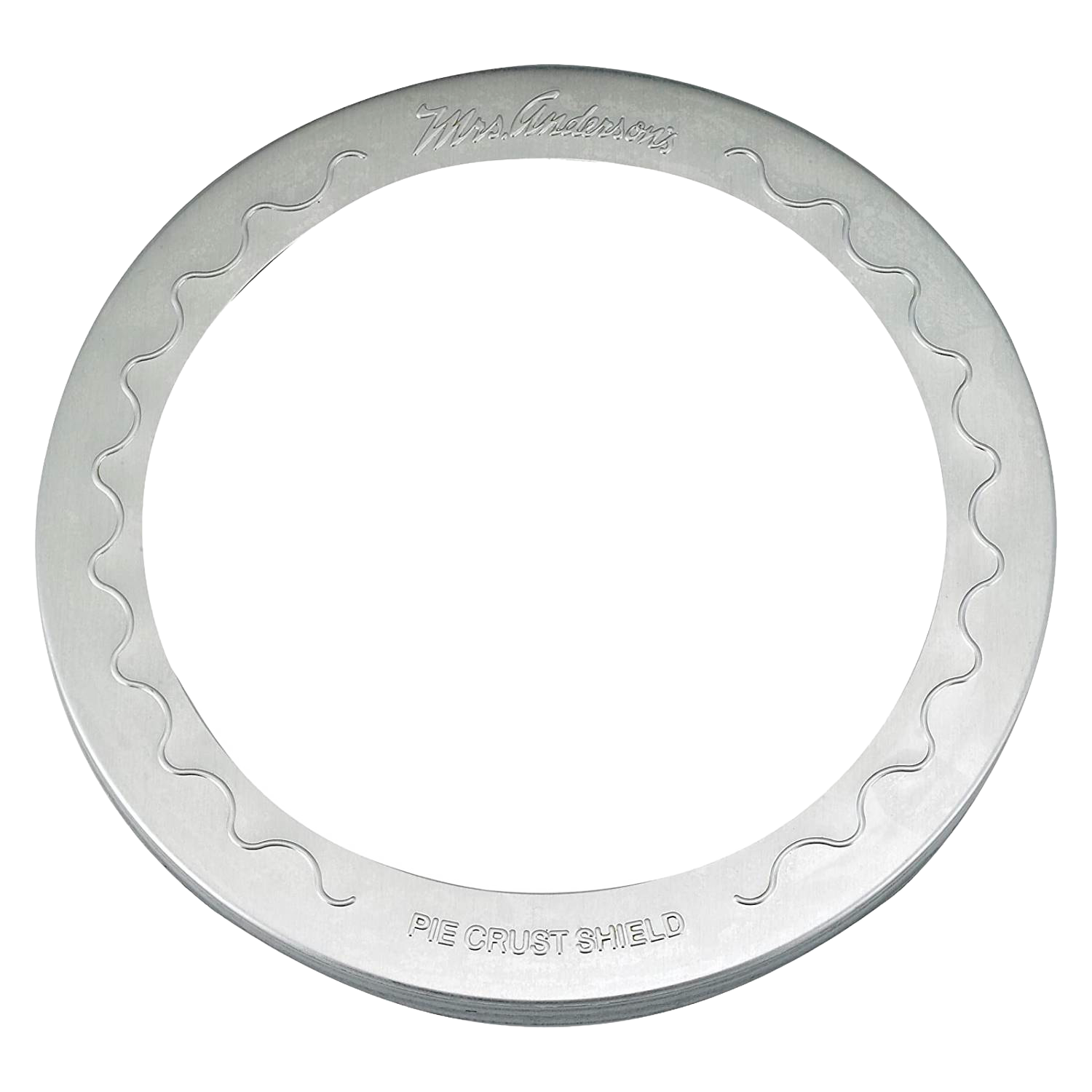 Round metal baking shield with wavy edge detail for protecting pie crusts, part of kitchenware and bakeware collections