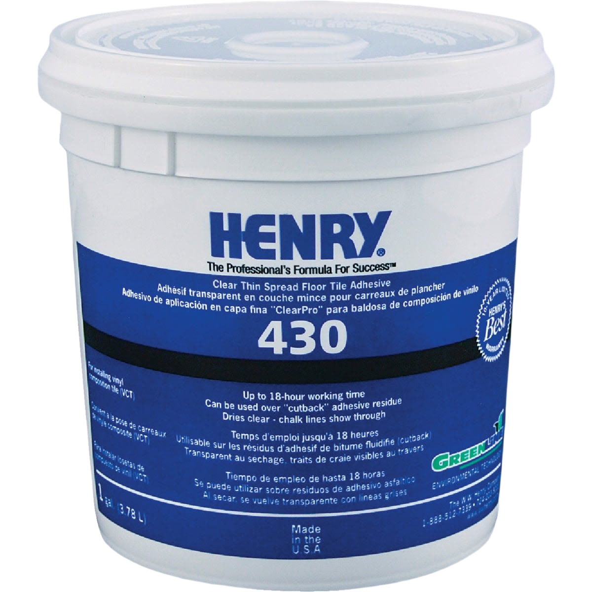 Clear thin spread flooring adhesive in gallon container for vinyl composition tile installation in home improvement projects