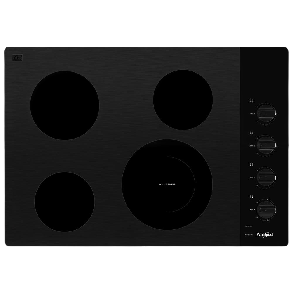 Black electric ceramic glass cooktop with four radiant heating elements and control knobs in cooktops collection
