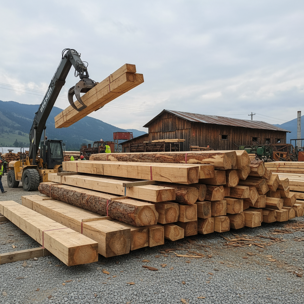Large piles of raw and cut lumber stacked outdoors near wooden buildings with a forklift lifting several long wooden beams.
