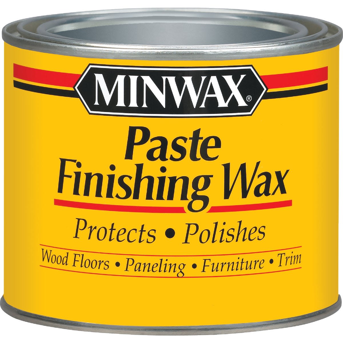 Minwax clear paste finishing wax in yellow container, protects and polishes wood for home improvement tasks