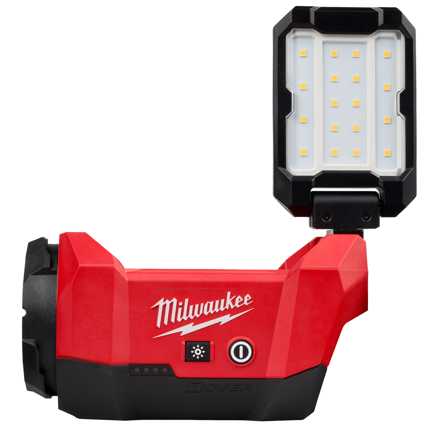 Red and black multi-directional LED flood light with adjustable head, part of Milwaukee utility lights and Milwaukee PACKOUT™ compatible lighting tools at Hartville Hardware.