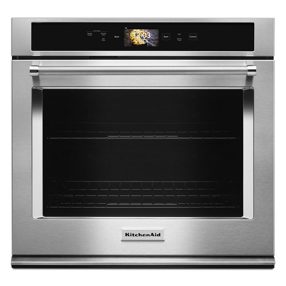 Stainless steel built-in single wall oven with digital display and sleek handle from KitchenAid Appliances collection