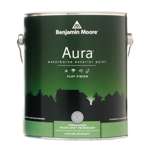1 gallon can of Benjamin Moore Aura waterborne exterior paint with flat finish for durable home improvement projects
