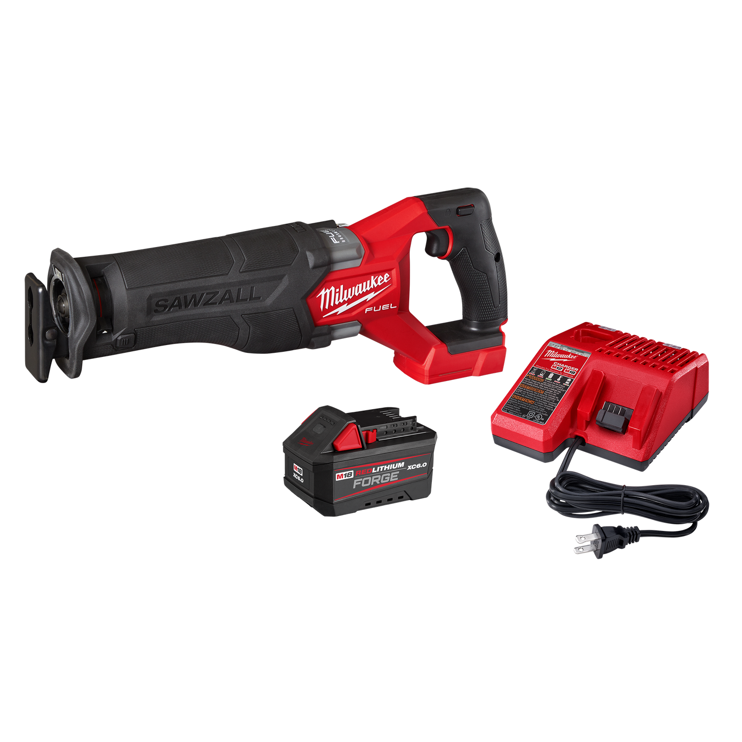 Cordless red and black Milwaukee M18 FUEL reciprocating saw with battery pack and charger, part of Power Tools, Saws, and Milwaukee collections for home improvement.